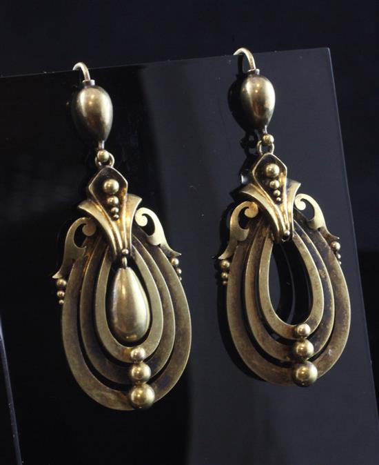 A pair of Victorian gold drop earrings, overall 2.25in.